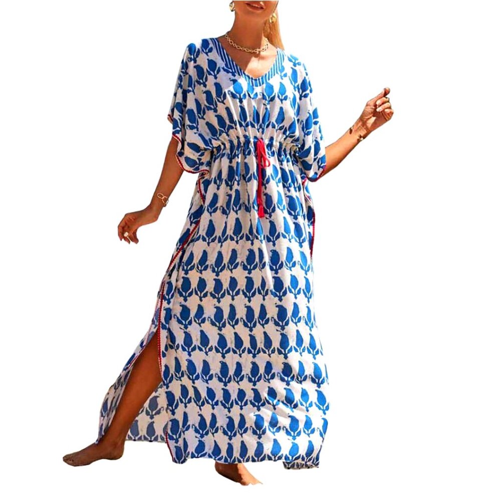 Plus Size Kaftan Dress Drawstring Waist Cover Up Long Boho Beach Resort Wear